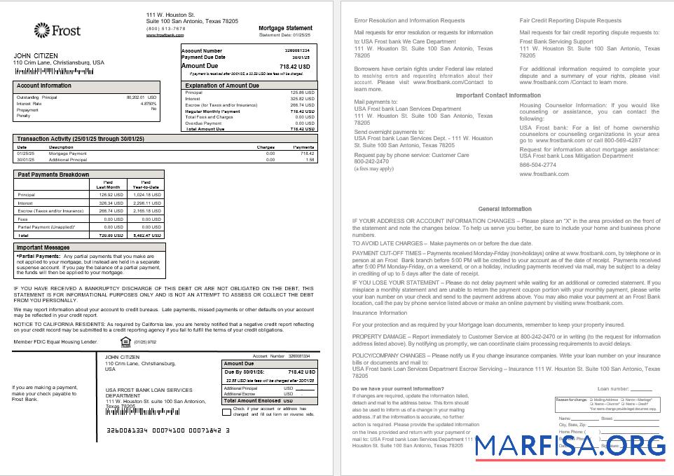 Blank USA Frost bank mortgage statement in Word and PDF formats template